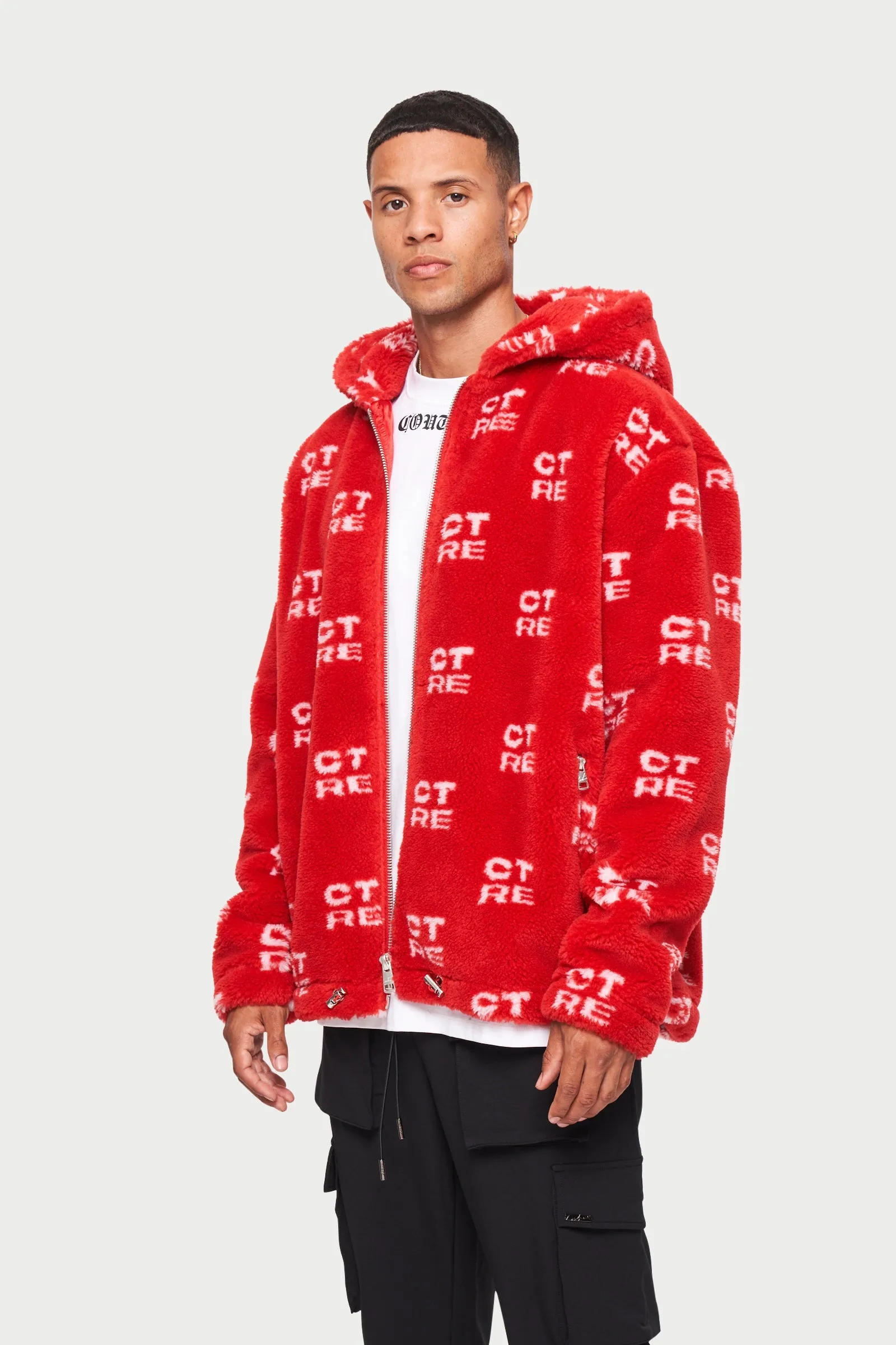 CTRE FUR LOGO OVERSIZED HOODED JACKET - RED