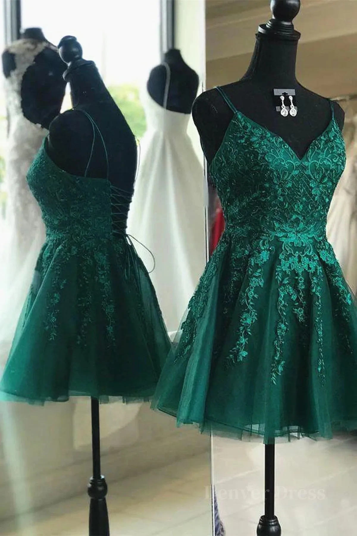 Cute V Neck Green Lace Short Prom Homecoming Dresses Green Lace Formal Dresses Green Evening Dresses