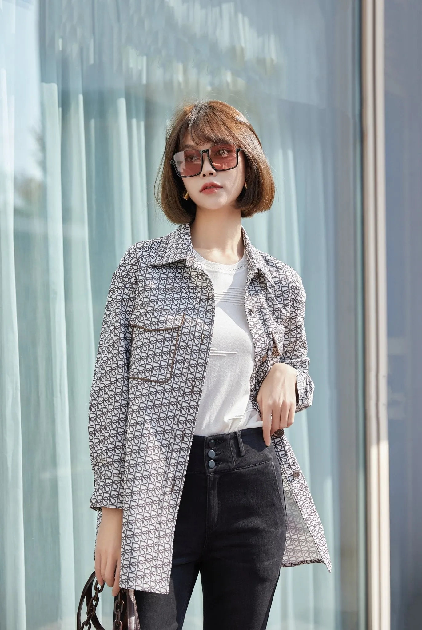 Dark Brown Denim Printed Pocket Shirt Coat