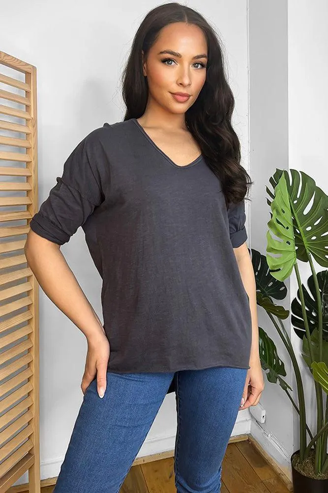 Dark Grey 100% Cotton V-Neck Lazy Fit Blouse