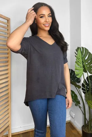 Dark Grey 100% Cotton V-Neck Lazy Fit Blouse