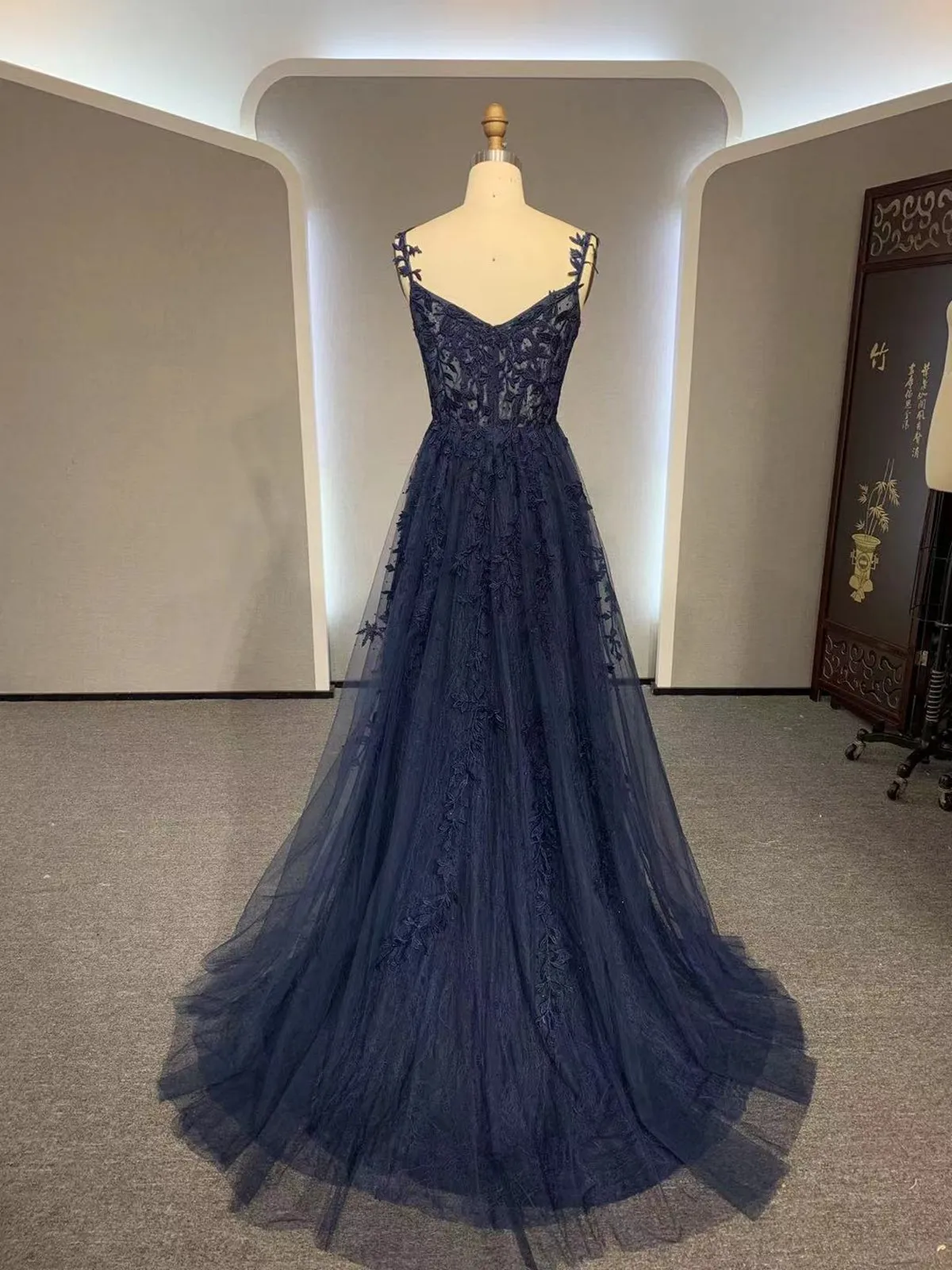 Dark Navy Blue Long Lace Prom Dresses, Dark Navy Blue Long Lace Formal Evening Dresses