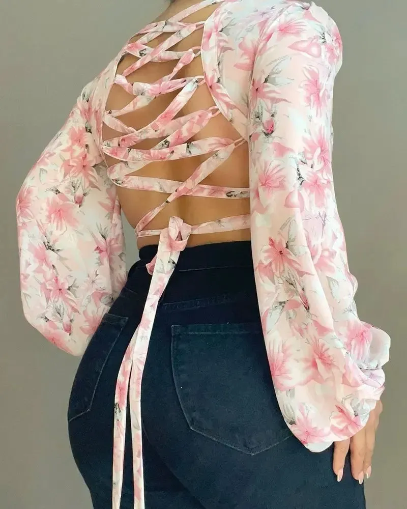 Deanwangkt - Lantern Sleeve Floral Print Open Back Lace Up Top