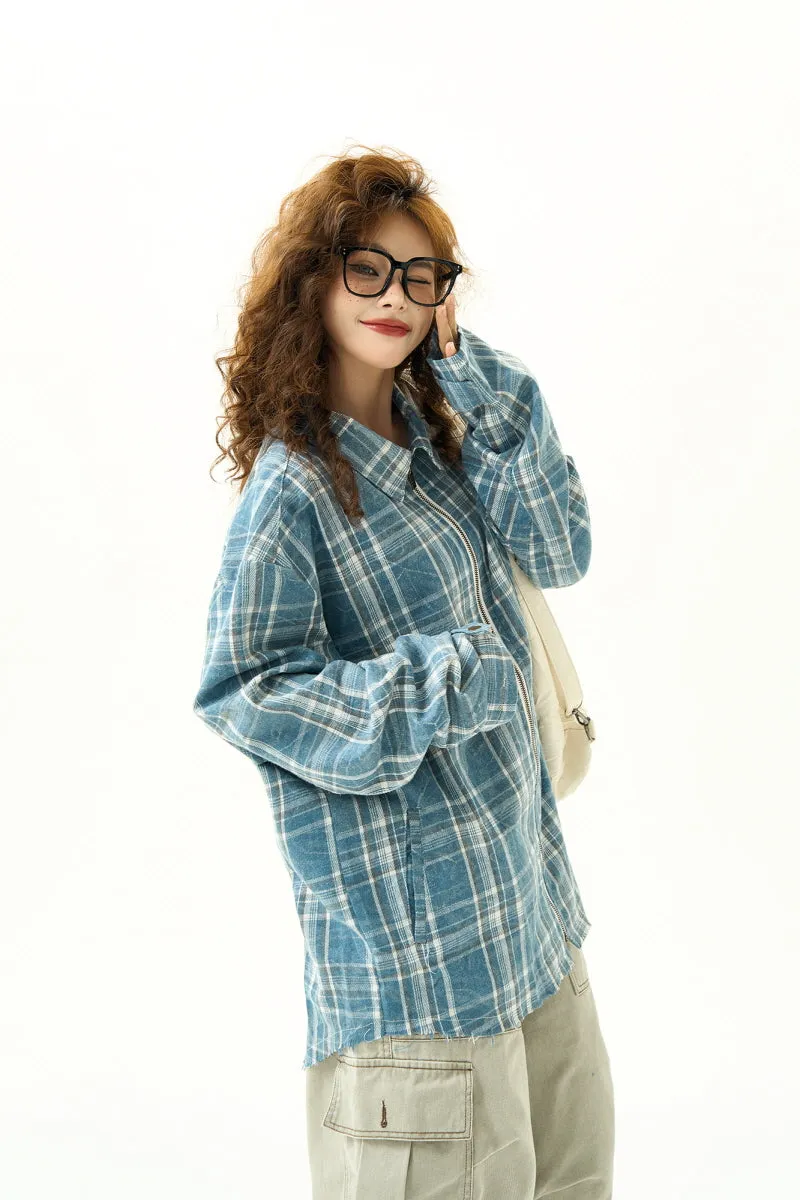 Distressed Wash Zipper Plaid Long Sleeve Shirt Women's Vintage High Street Coat