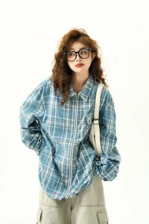 Distressed Wash Zipper Plaid Long Sleeve Shirt Women's Vintage High Street Coat