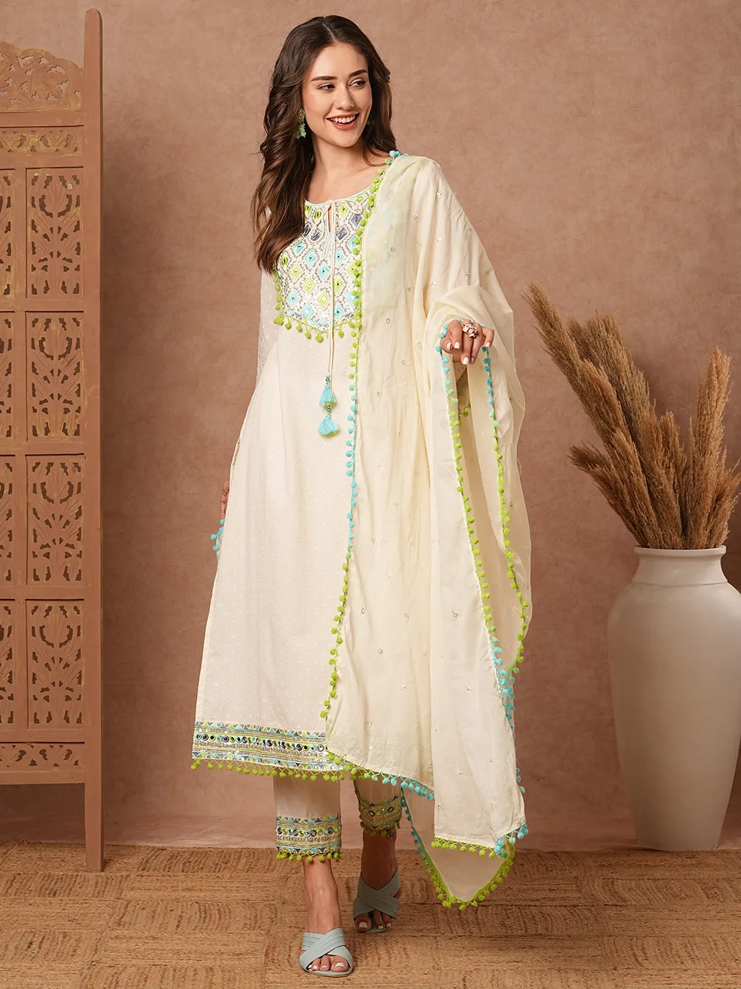 Dobby Design Mirror Embroidered Pompom Lace Work Kurta with Pants & Dupatta - Off White & Blue