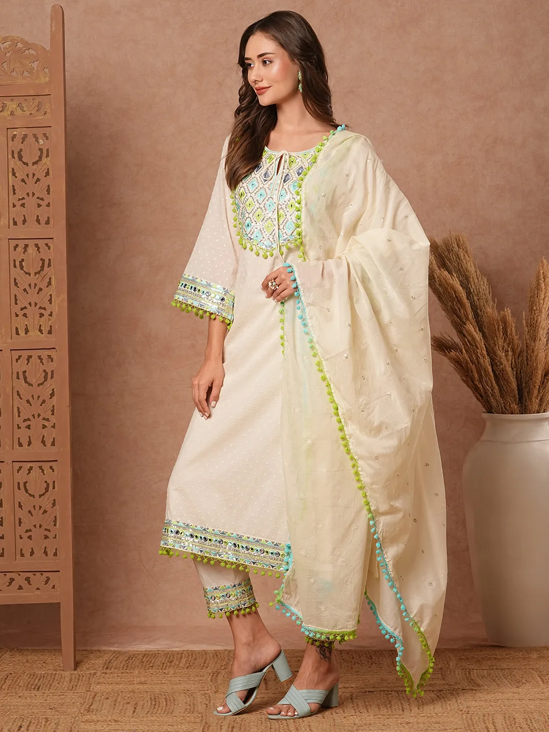 Dobby Design Mirror Embroidered Pompom Lace Work Kurta with Pants & Dupatta - Off White & Blue