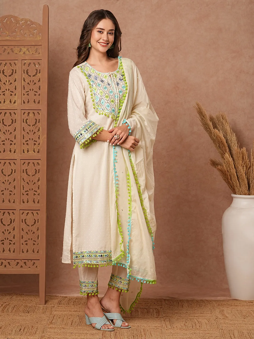 Dobby Design Mirror Embroidered Pompom Lace Work Kurta with Pants & Dupatta - Off White & Blue