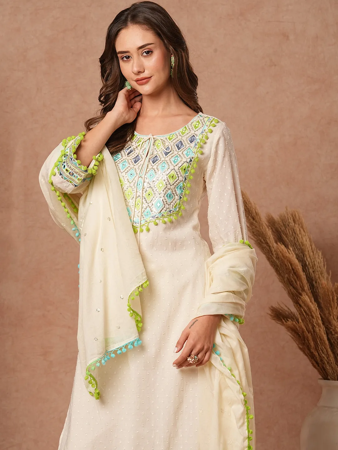 Dobby Design Mirror Embroidered Pompom Lace Work Kurta with Pants & Dupatta - Off White & Blue