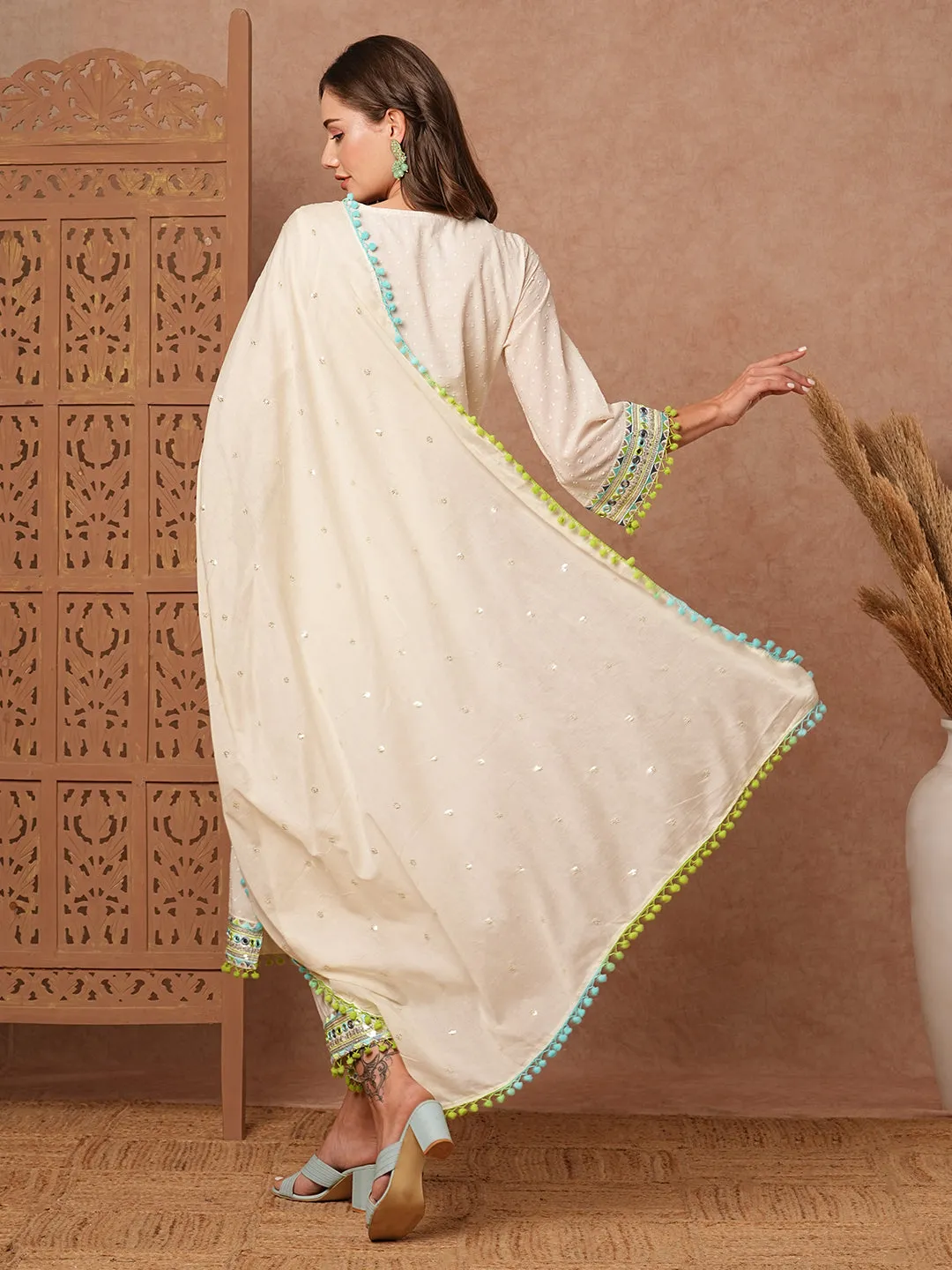 Dobby Design Mirror Embroidered Pompom Lace Work Kurta with Pants & Dupatta - Off White & Blue