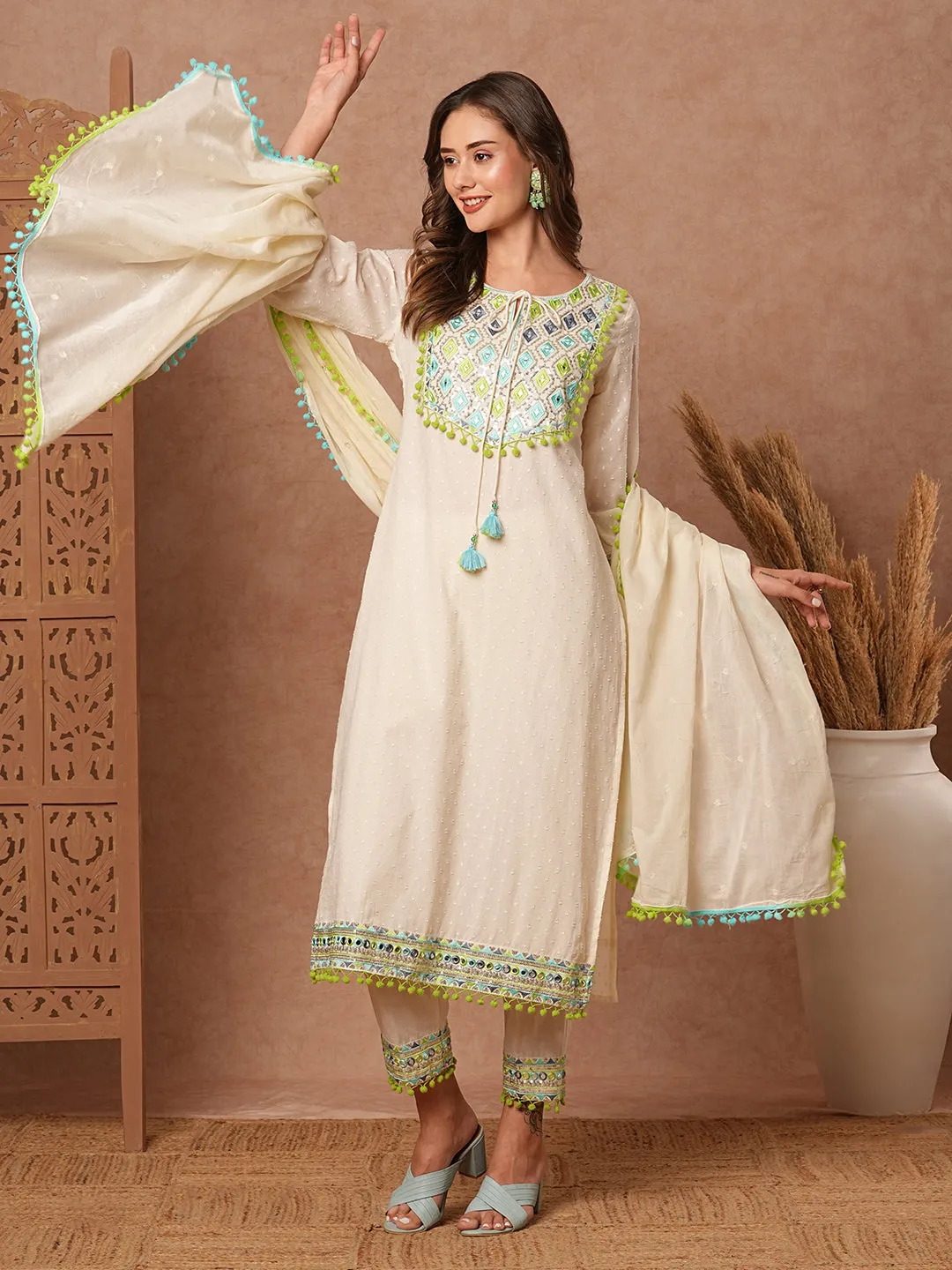 Dobby Design Mirror Embroidered Pompom Lace Work Kurta with Pants & Dupatta - Off White & Blue