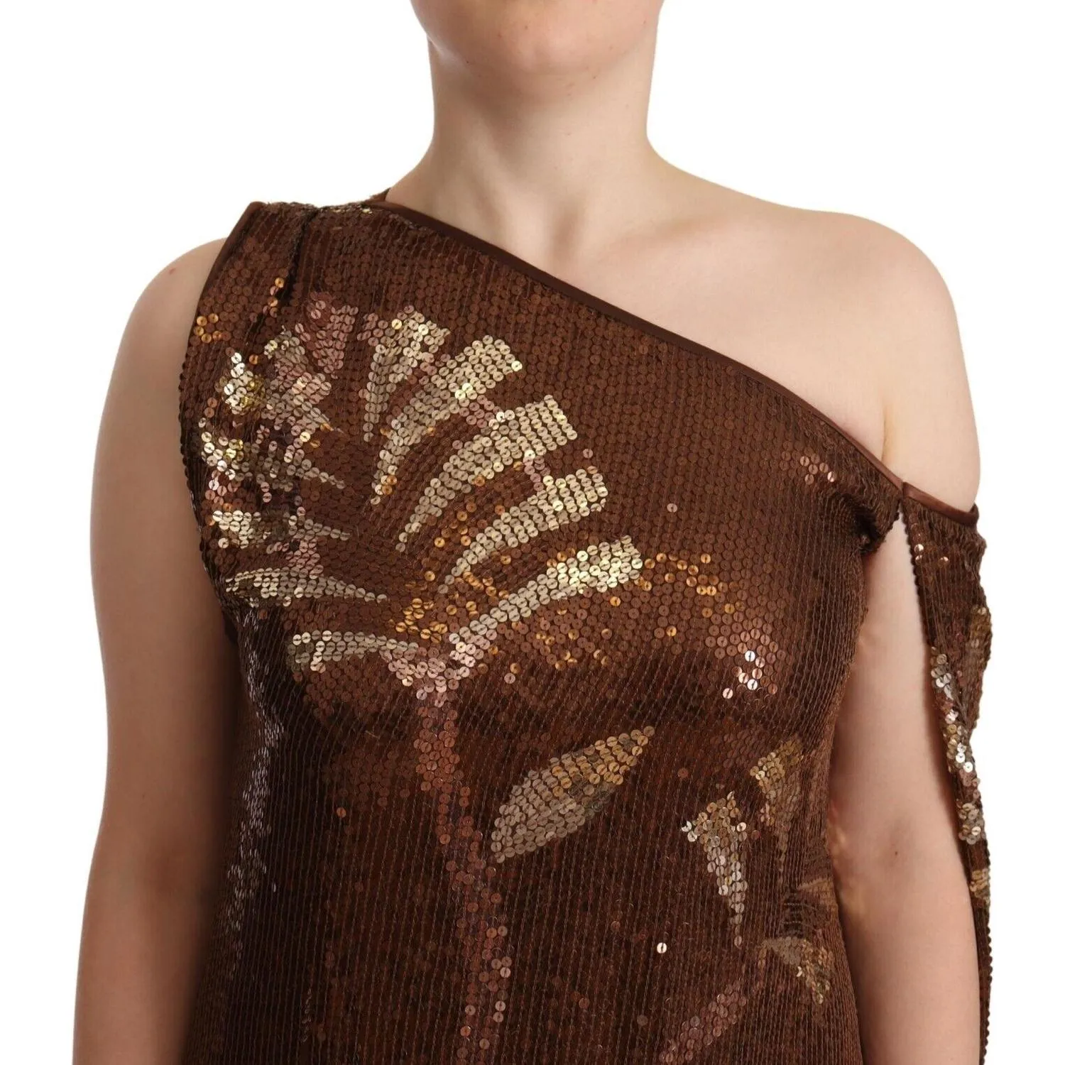 Dsquared² Brown Leaf Sequined Shift One Shoulder Long Dress