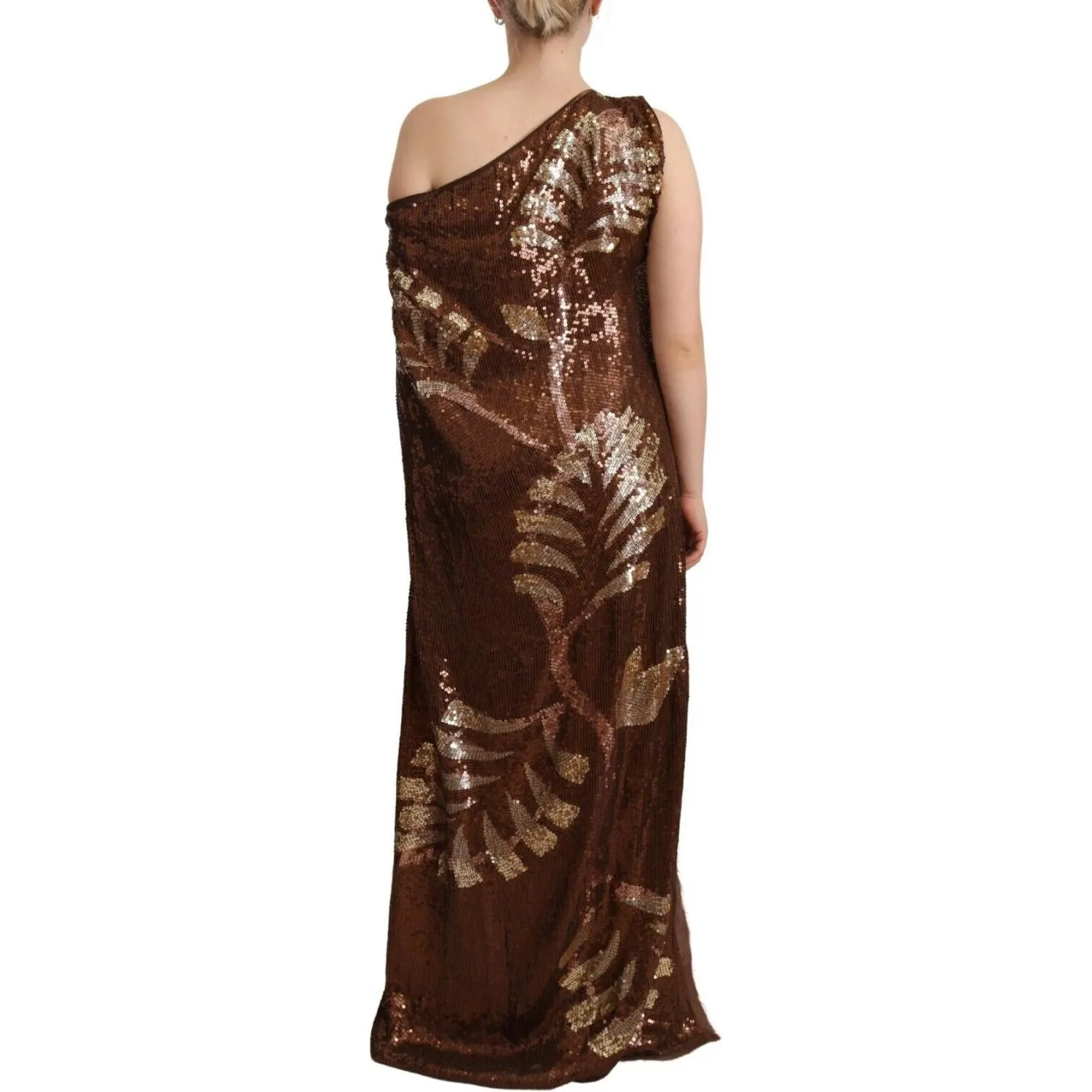 Dsquared² Brown Leaf Sequined Shift One Shoulder Long Dress