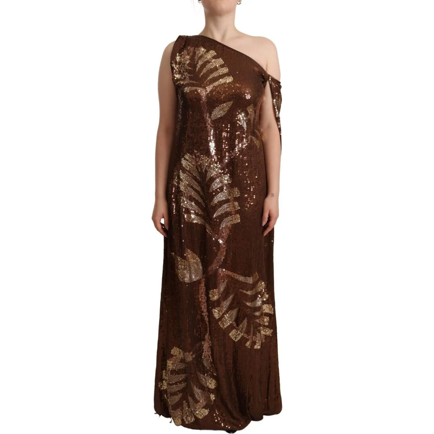 Dsquared² Brown Leaf Sequined Shift One Shoulder Long Dress