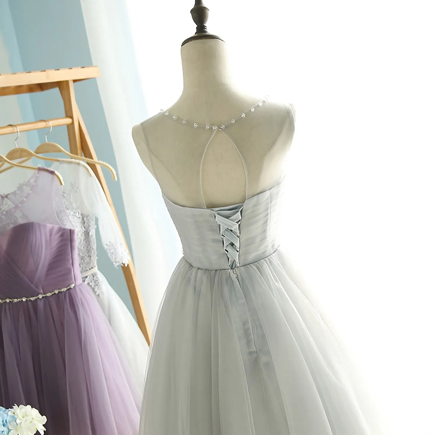 Elegant A Line Round Neck Purple Tulle Short Prom Dresses