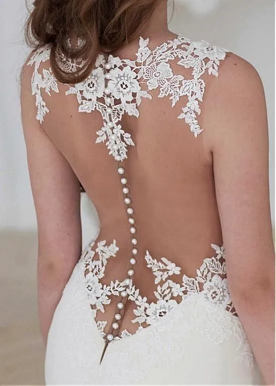 Elegant Mermaid Illusion Neck See Through Lace Wedding Dress