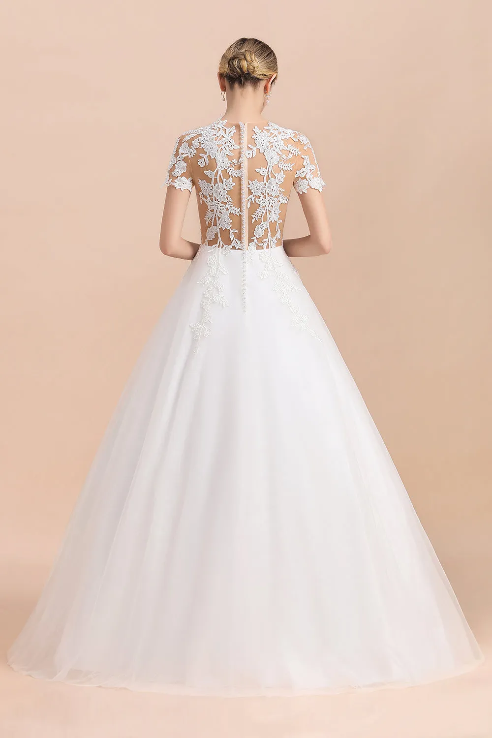 Elegant White Short Sleeves Ball Gown Buttons Lace Applique Wedding Dress