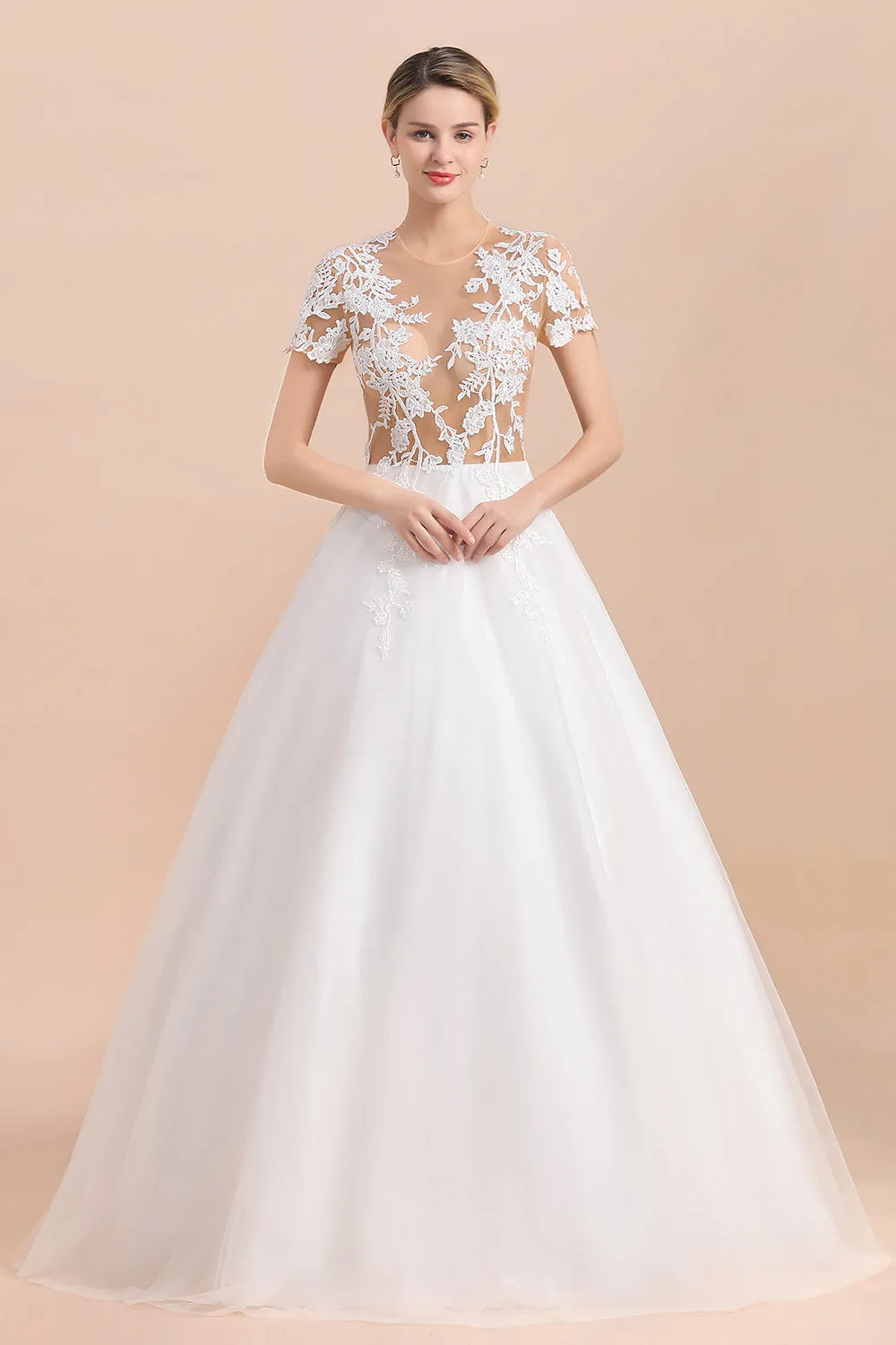 Elegant White Short Sleeves Ball Gown Buttons Lace Applique Wedding Dress