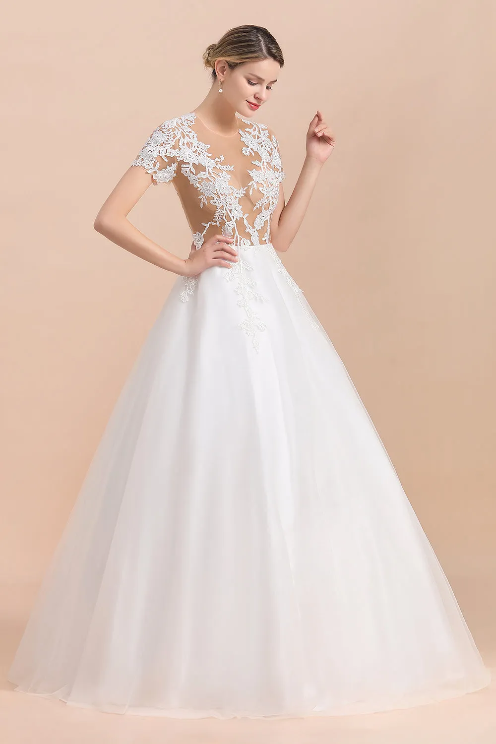 Elegant White Short Sleeves Ball Gown Buttons Lace Applique Wedding Dress