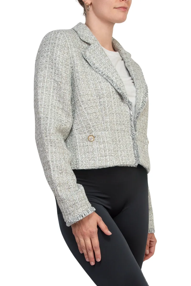 Elie Long Sleeve Tweed Metallic Open-Front Blazer With Patch Pockets With Metal Chain Logo Bar