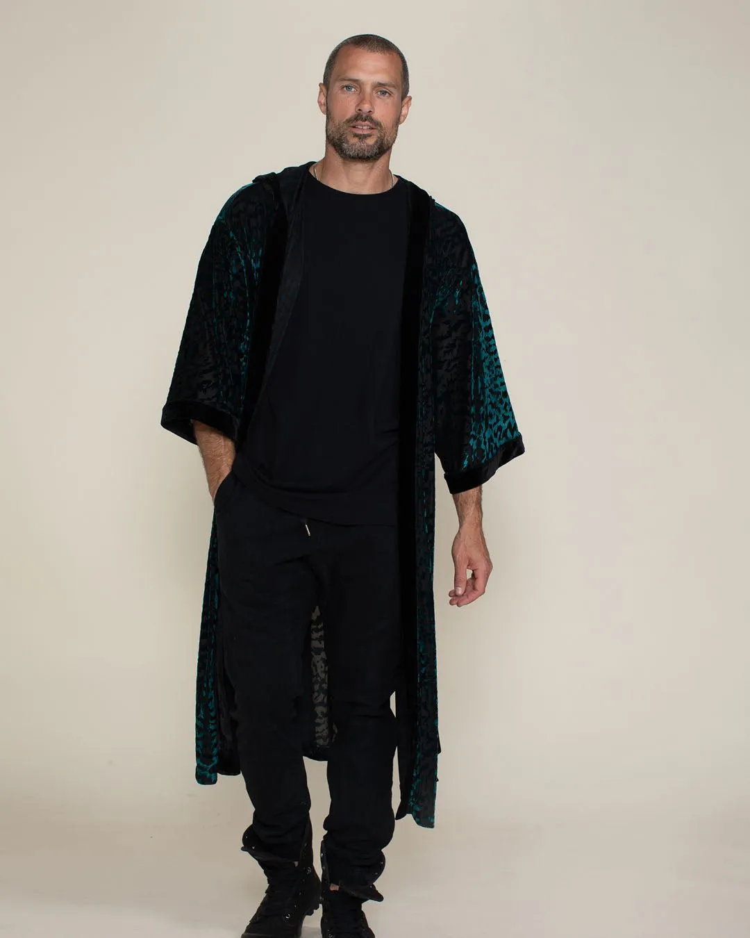 Emerald Tiger Hooded Burnout Velvet Kimono | Men's