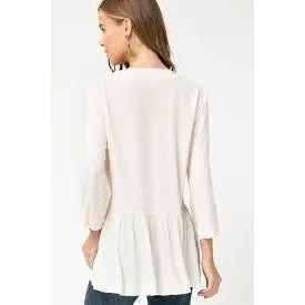 Entro V-Neck Button Up Ruffle Top - Natural