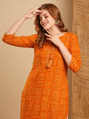 Ethnic Bandhani Foil Printed Straight Fit Kurta - Mustard