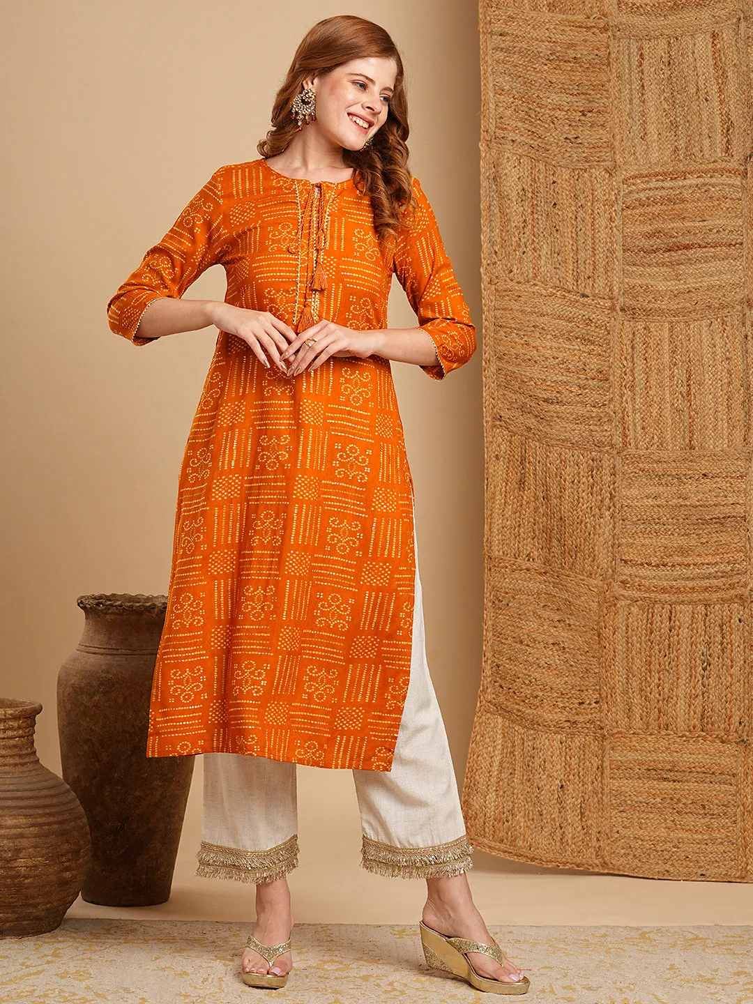 Ethnic Bandhani Foil Printed Straight Fit Kurta - Mustard