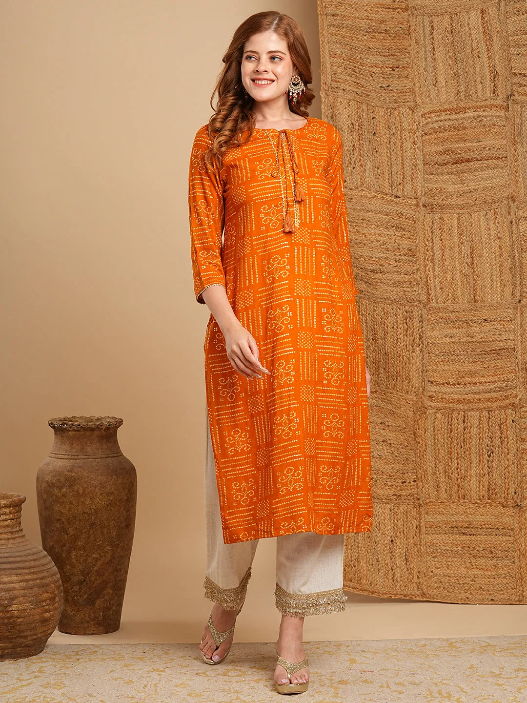 Ethnic Bandhani Foil Printed Straight Fit Kurta - Mustard