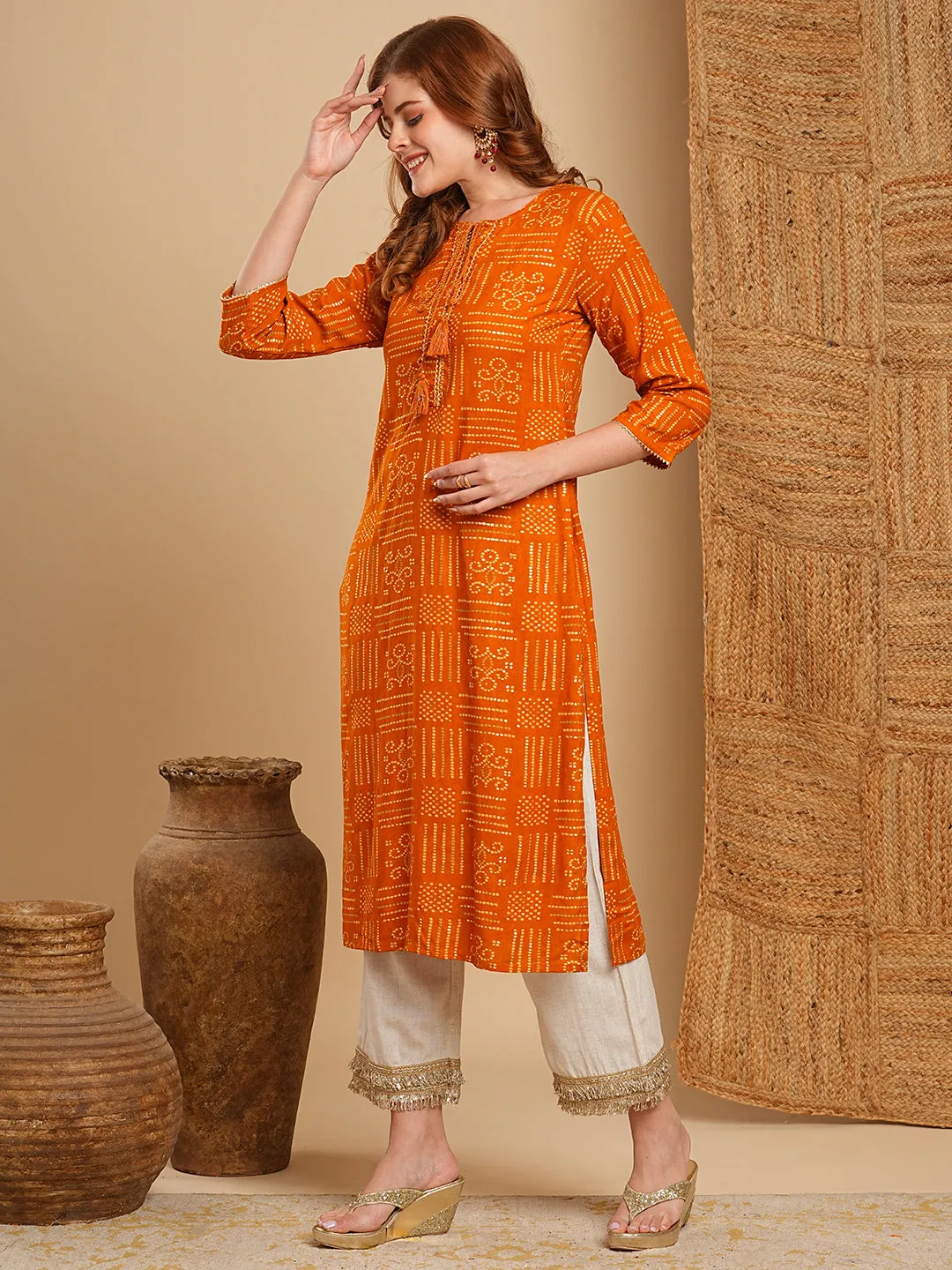 Ethnic Bandhani Foil Printed Straight Fit Kurta - Mustard