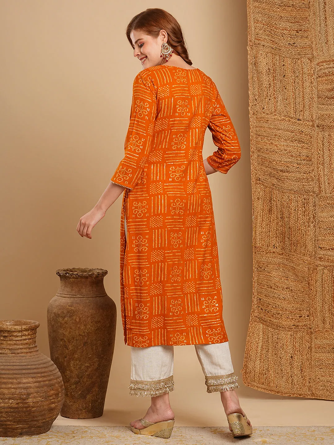 Ethnic Bandhani Foil Printed Straight Fit Kurta - Mustard