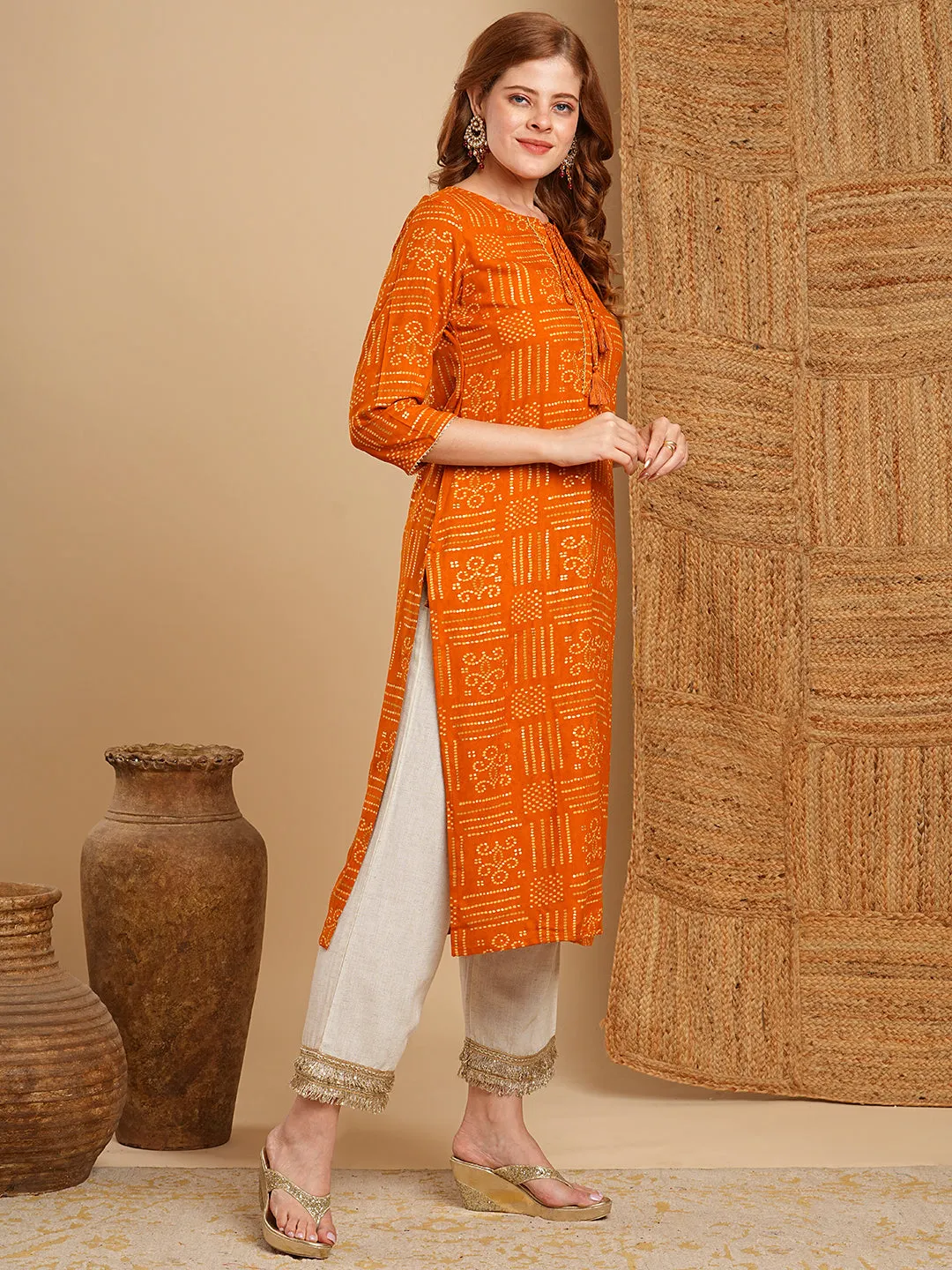 Ethnic Bandhani Foil Printed Straight Fit Kurta - Mustard