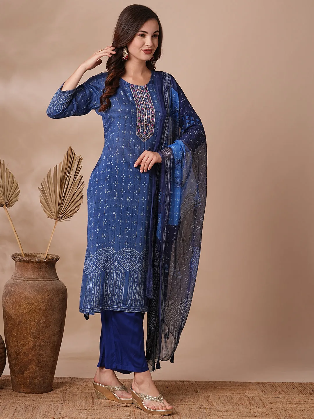 Ethnic Bandhani Printed & Embroidered Straight Kurta with Pant & Dupatta - Blue