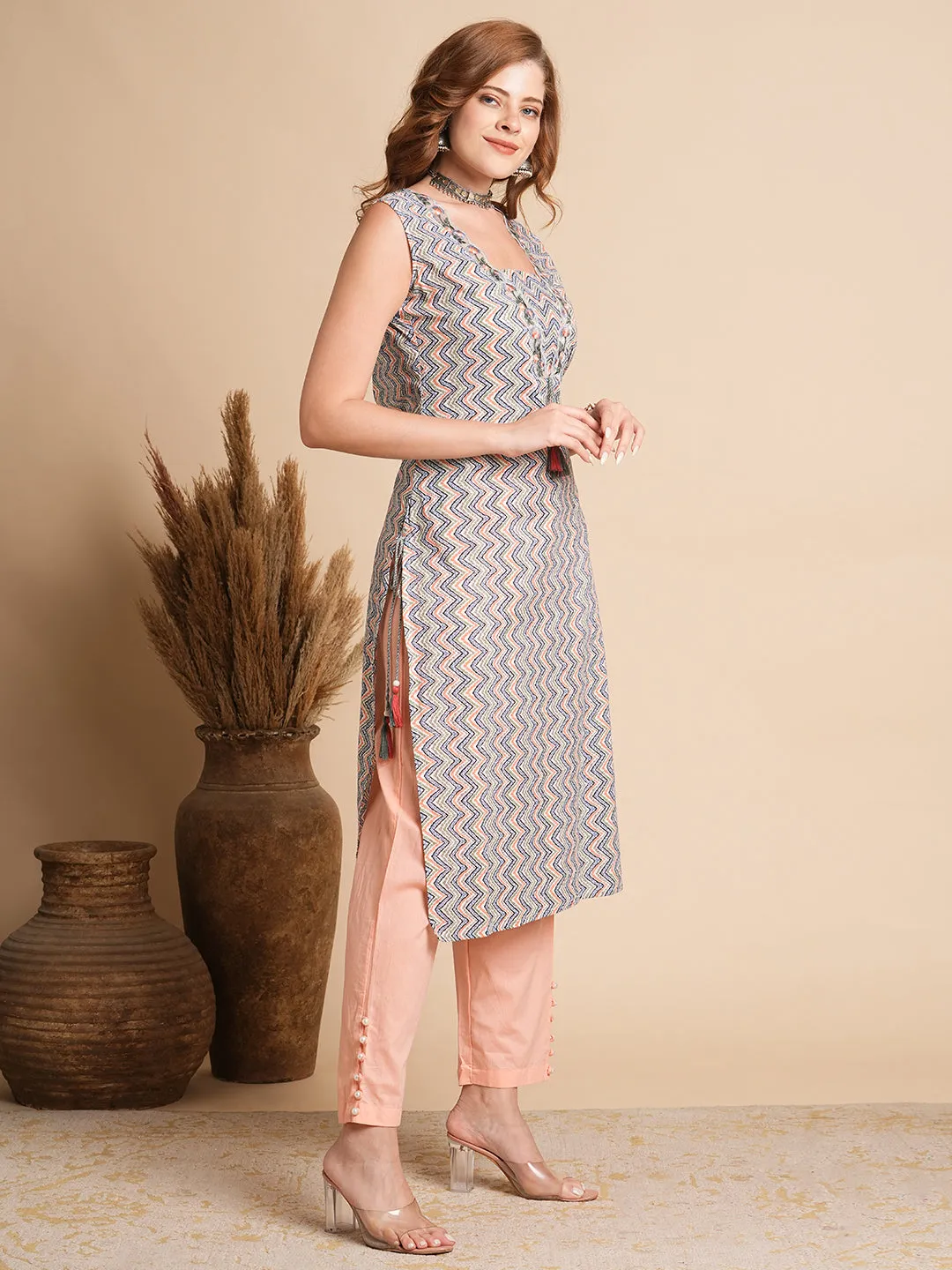 Ethnic Chevron Printed & Embroidered Straight Fit Kurta - Multi