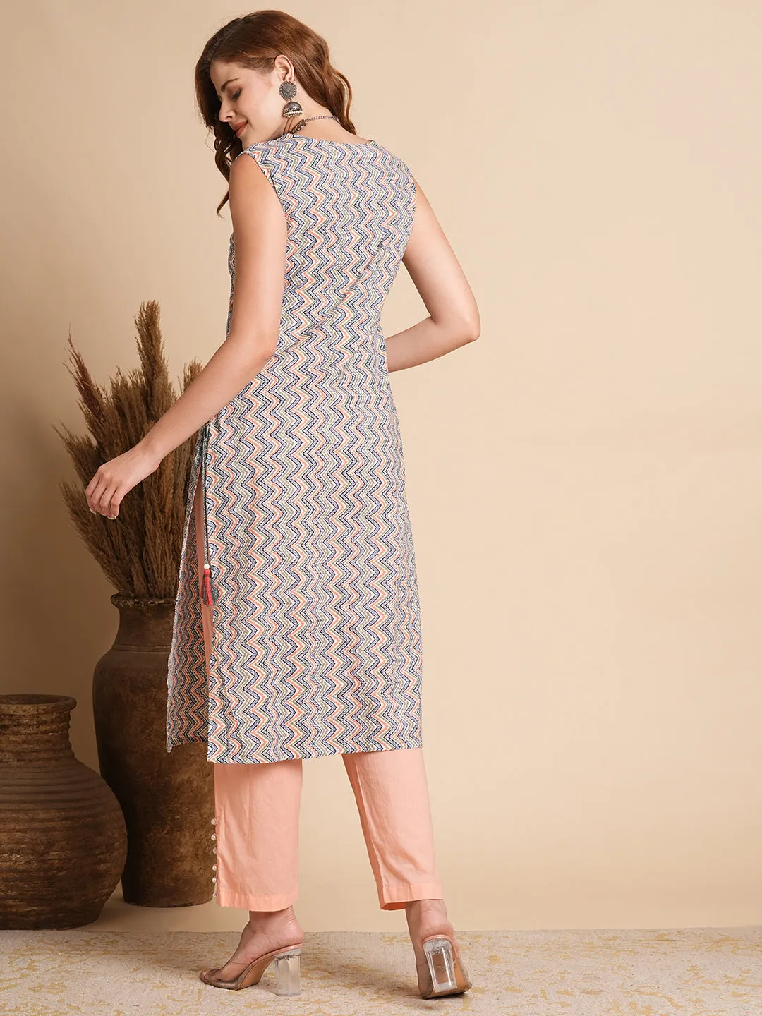 Ethnic Chevron Printed & Embroidered Straight Fit Kurta - Multi