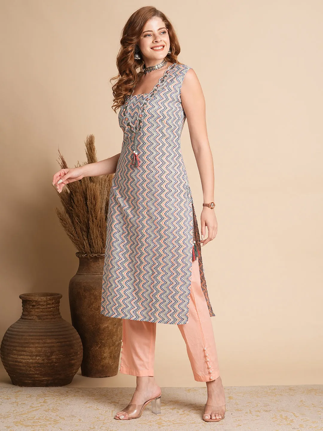 Ethnic Chevron Printed & Embroidered Straight Fit Kurta - Multi