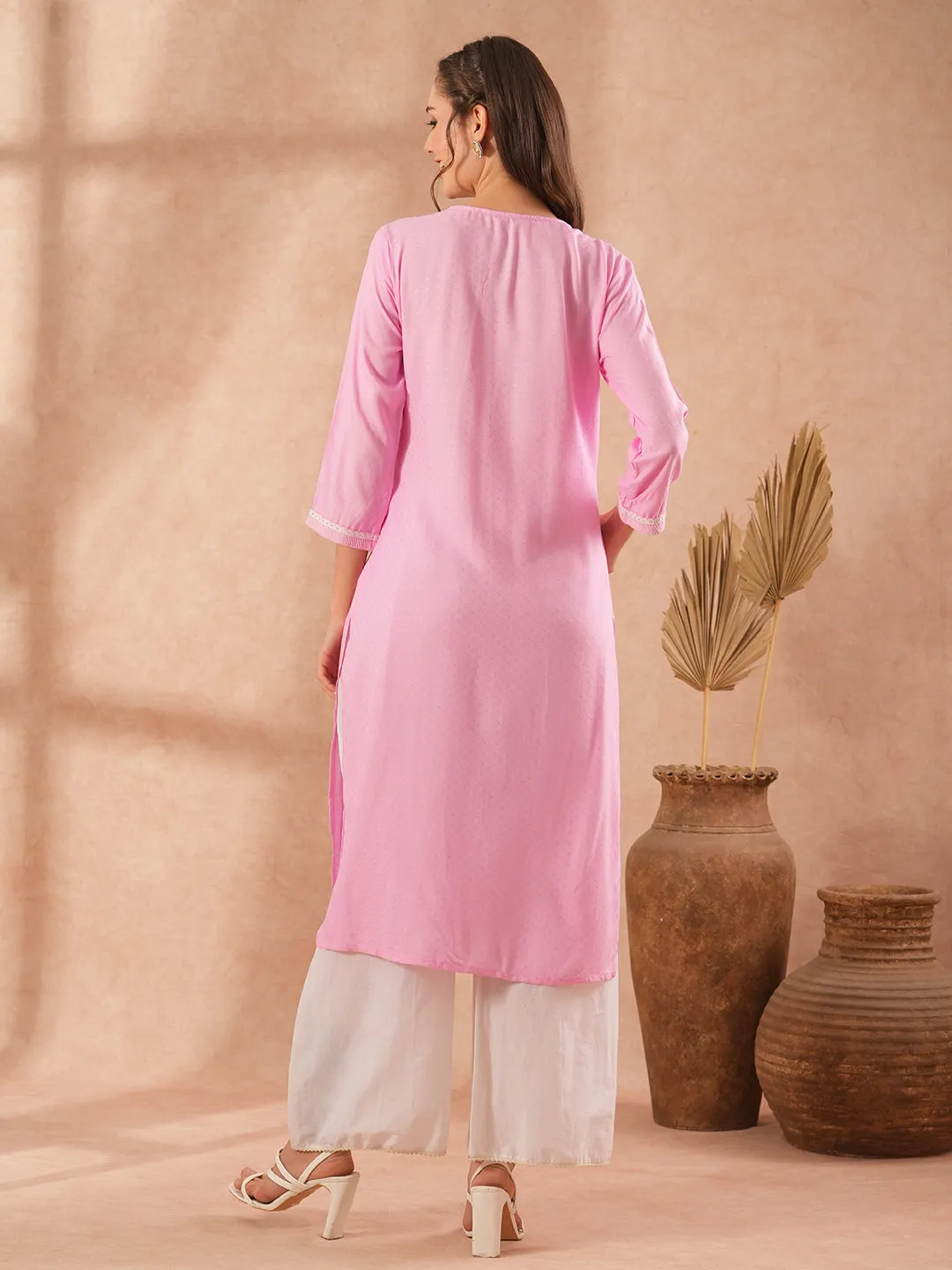 Ethnic Embroidered Straight Fit Kurta - Pink