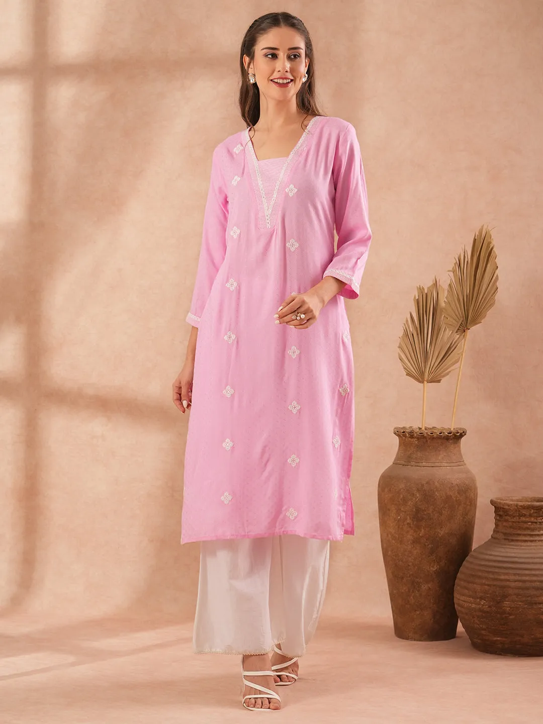 Ethnic Embroidered Straight Fit Kurta - Pink