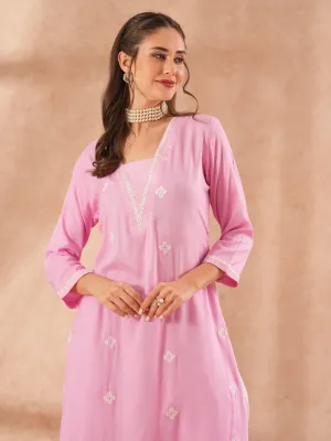 Ethnic Embroidered Straight Fit Kurta - Pink