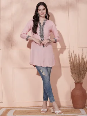 Ethnic Floral Embroidered & Woven Straight Fit Kurti - Pink