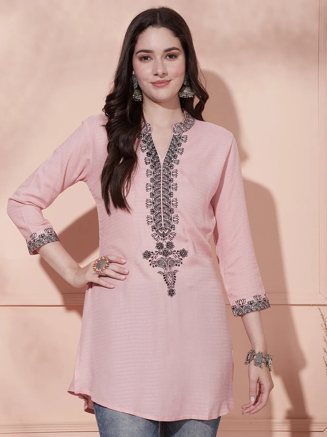 Ethnic Floral Embroidered & Woven Straight Fit Kurti - Pink