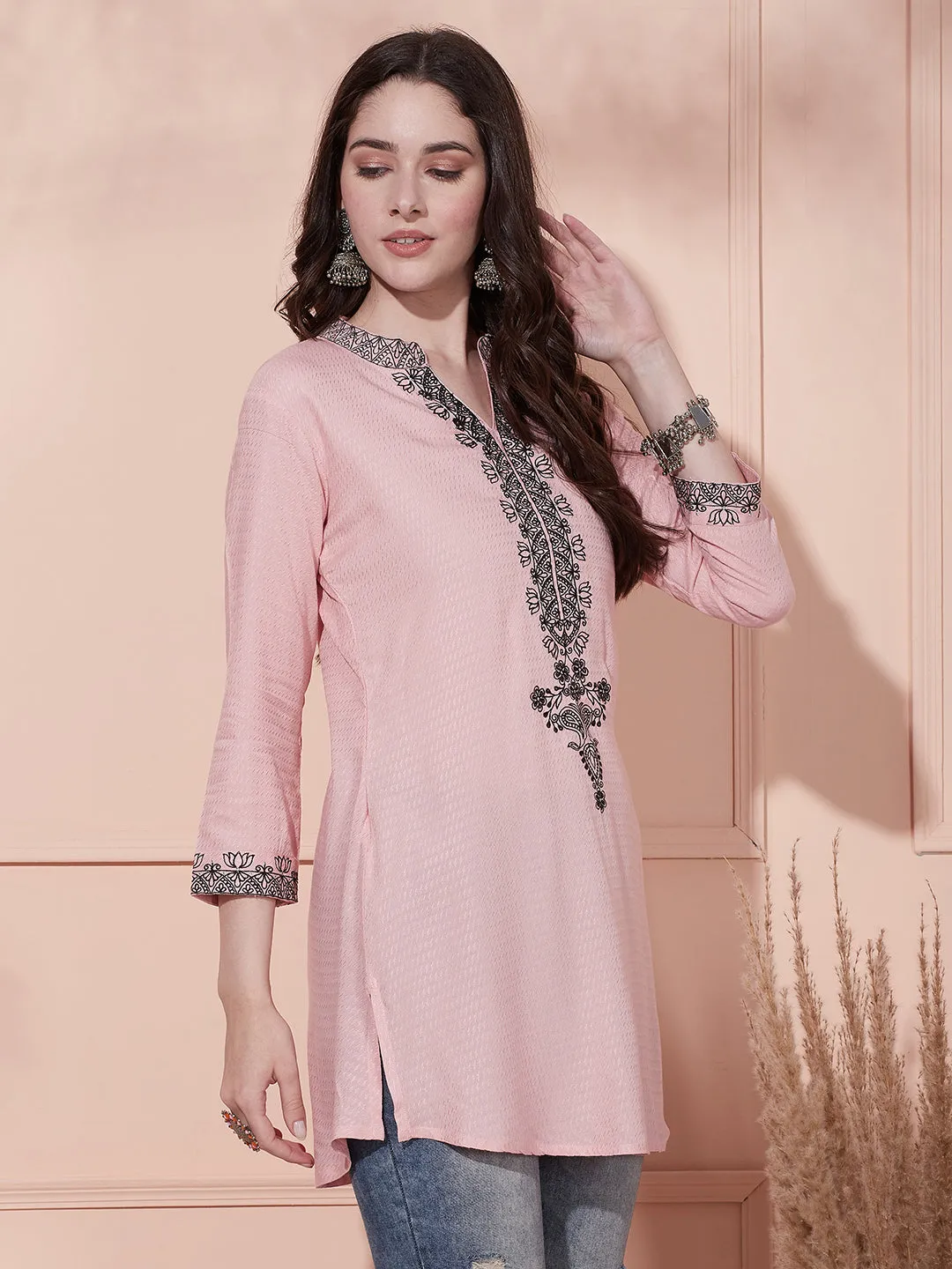 Ethnic Floral Embroidered & Woven Straight Fit Kurti - Pink