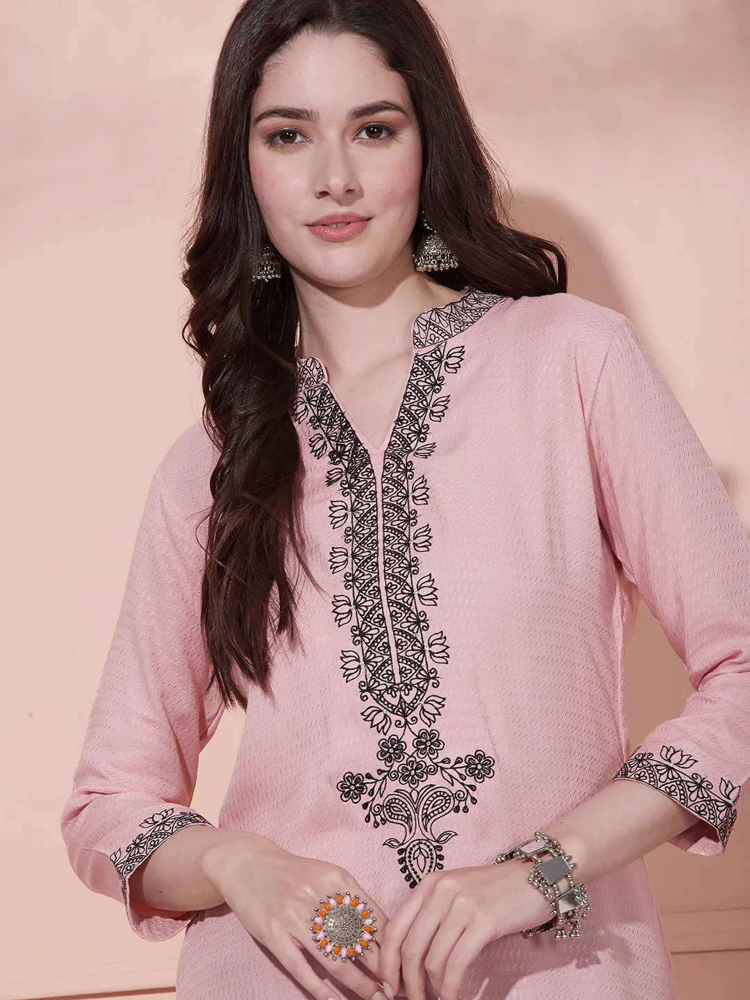 Ethnic Floral Embroidered & Woven Straight Fit Kurti - Pink