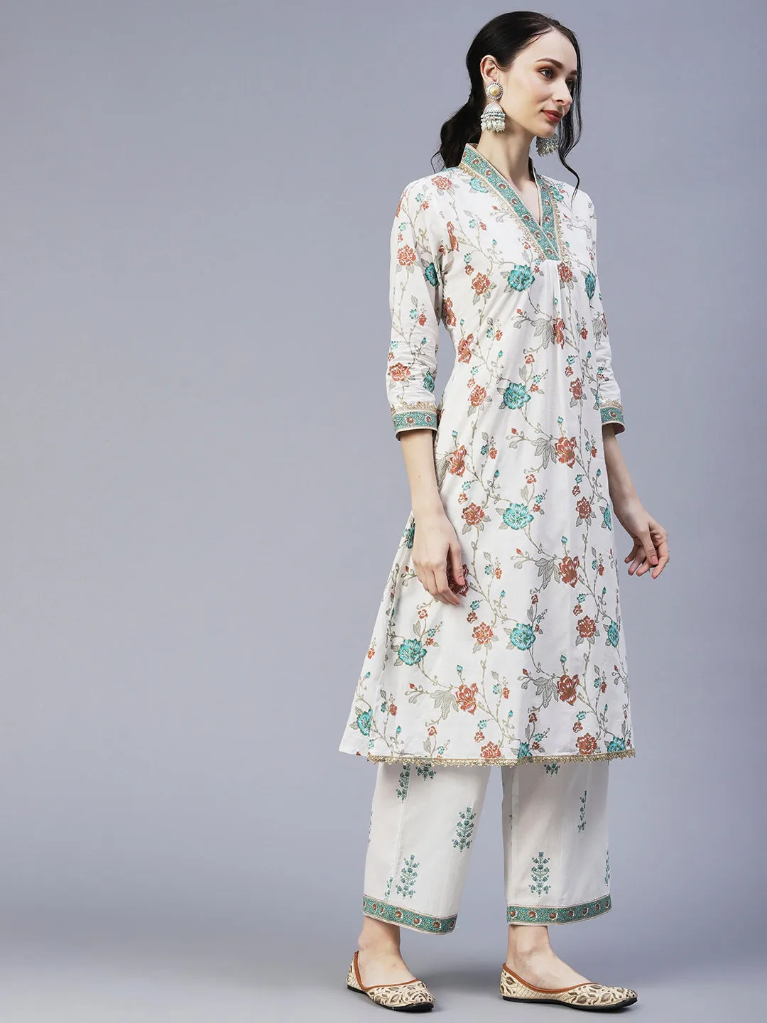 Ethnic Floral Foil Printed & Embroidered A-Line Kurta with Palazzo - Off White