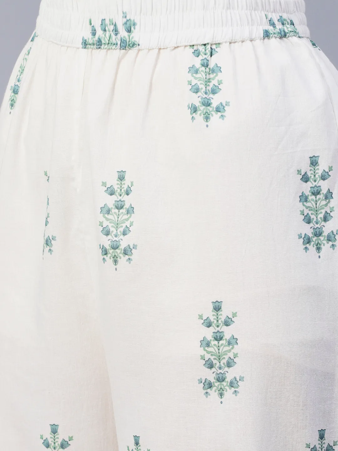 Ethnic Floral Foil Printed & Embroidered A-Line Kurta with Palazzo - Off White