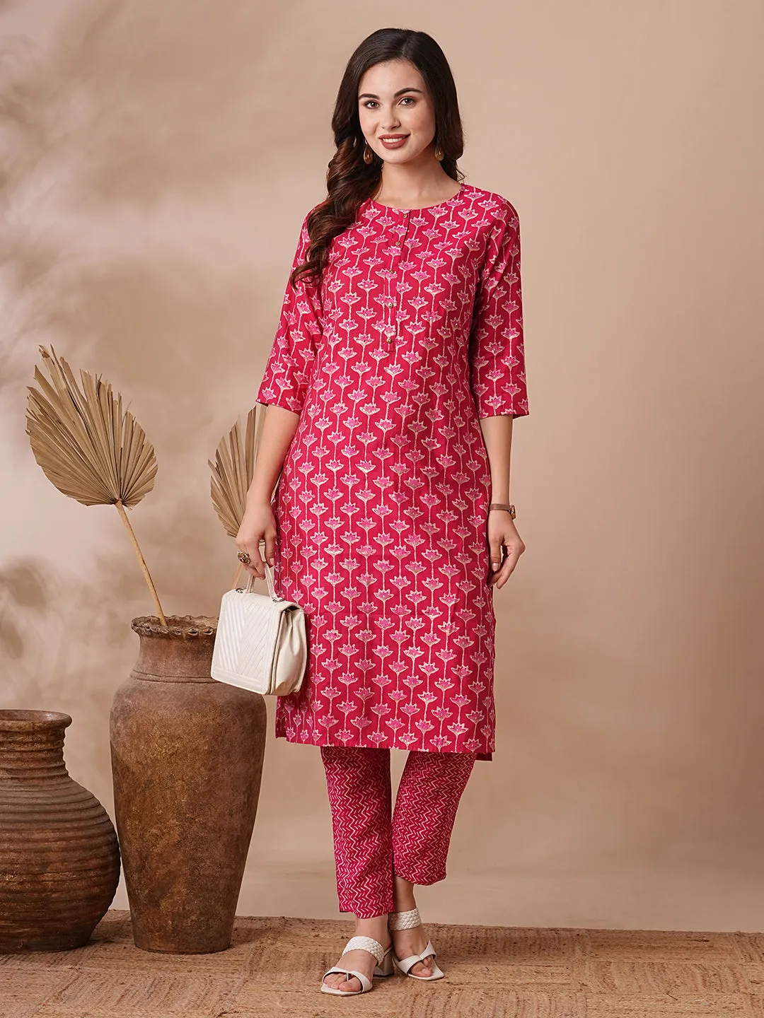 Ethnic Floral Foil Printed & Embroidered Straight Kurta with Pant - Magenta