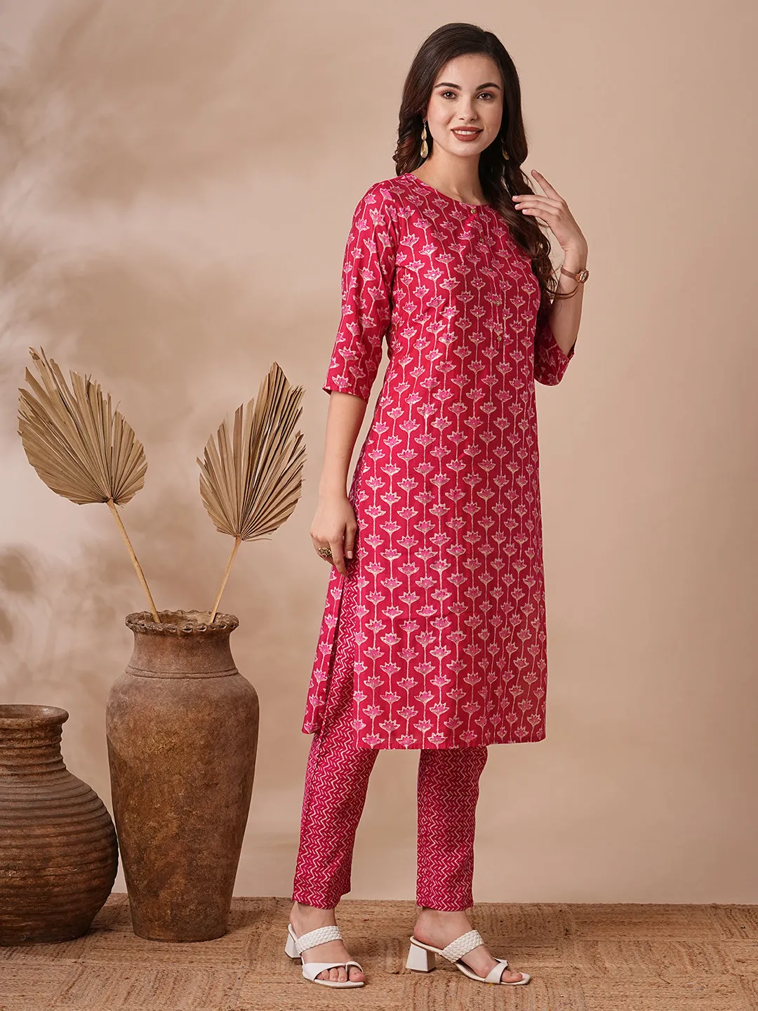 Ethnic Floral Foil Printed & Embroidered Straight Kurta with Pant - Magenta