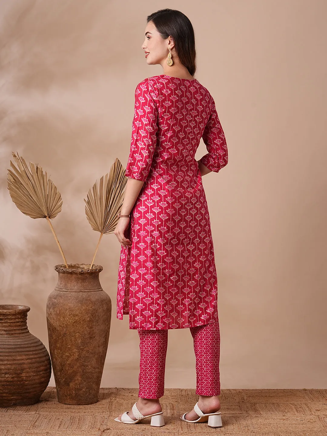 Ethnic Floral Foil Printed & Embroidered Straight Kurta with Pant - Magenta