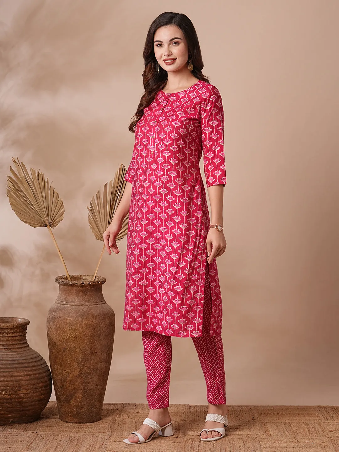 Ethnic Floral Foil Printed & Embroidered Straight Kurta with Pant - Magenta