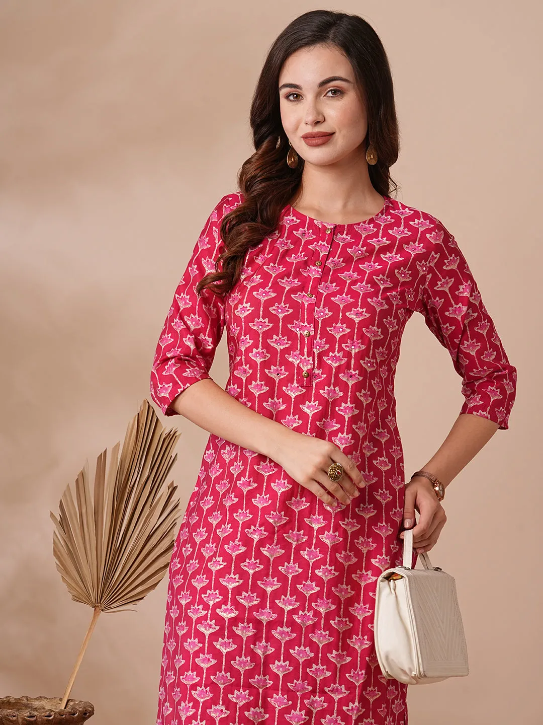 Ethnic Floral Foil Printed & Embroidered Straight Kurta with Pant - Magenta